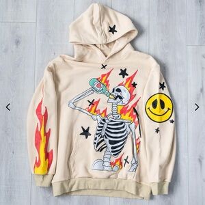 Cool Shirtz Everything’s Good Drinking Skeleton Flame Hoodie